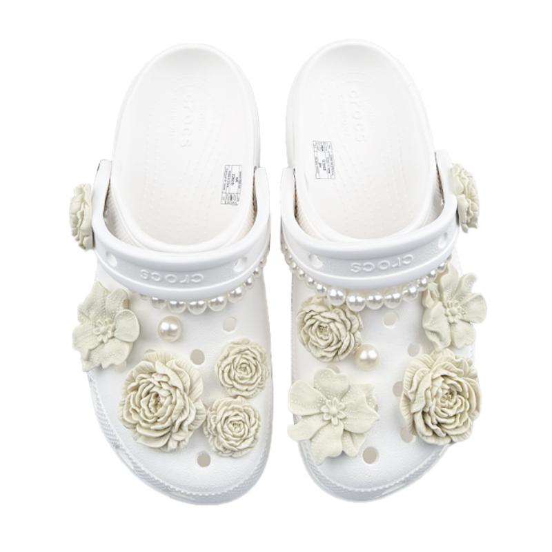 Crocs Классические клоги на платформе EVA ZR Zhiran Immortal Bone Flower Pearl Французская ручная роспись Универсальные дырочные туфли Унисекс Белый