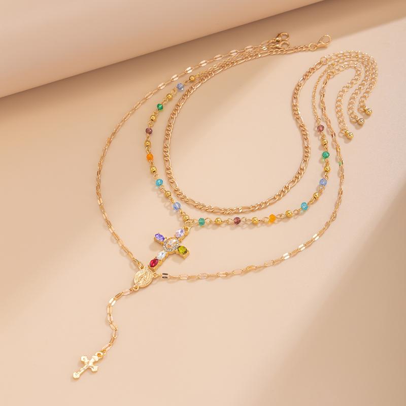 3/4Pcs Simple Jesus Cross Pendant Choker Stacking Necklace For Women Trendy Colorful Crystal Chain Christian Jewelry Gift