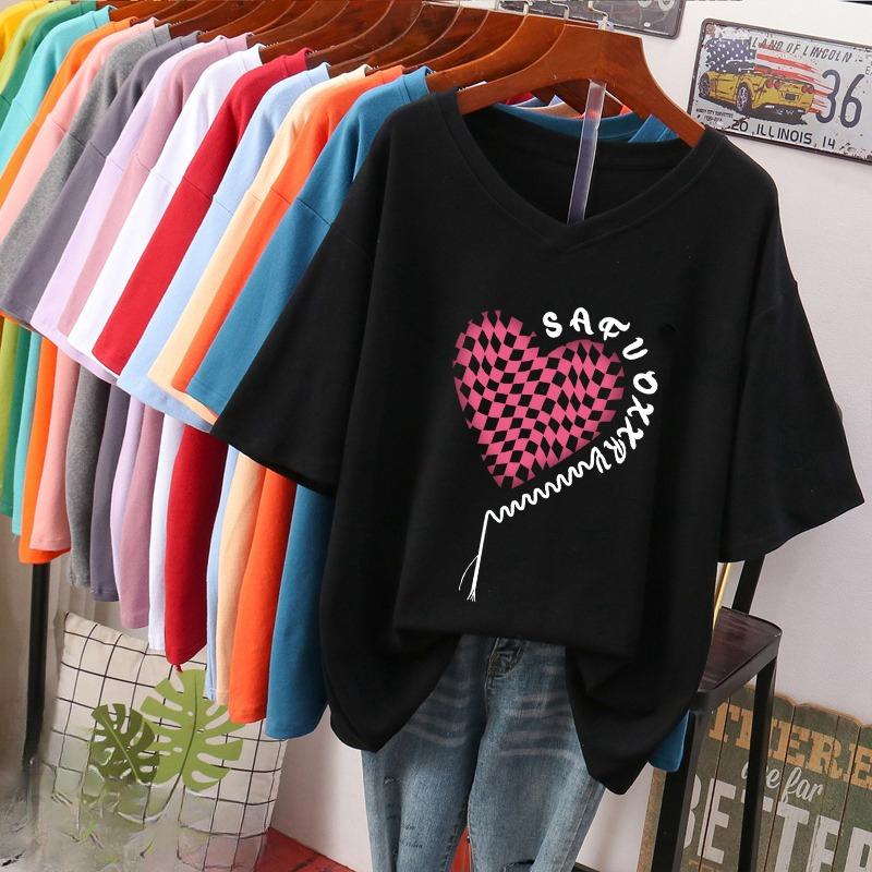 Футболка с коротким рукавом, Свободного кроя, Приталенный топ с V-образным вырезом с принтом для женщин