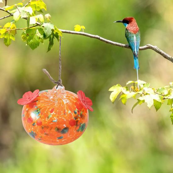 Кормушка для колибри из витражного стекла, каплевидная подвесная кормушка для птиц, кормушка для колибри с 2 цветочными отверстиями для кормления, для сада, двора