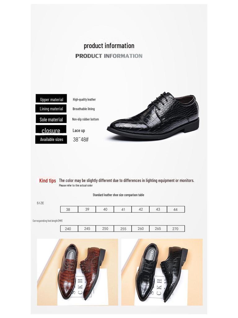 2024 Men's Crocodile Pattern Leather Shoes - Business & Casual, British Korean Style, Large Size, Pointed Toe