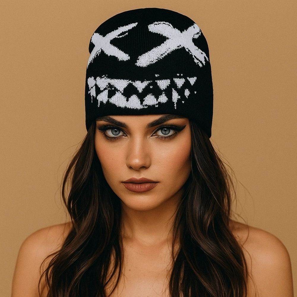 Versatile Elastic Y2K Knitted Hat Halloween Hip-hop Black White Pullover Cap Dome All-match Brimless Beanie Cap Warmer