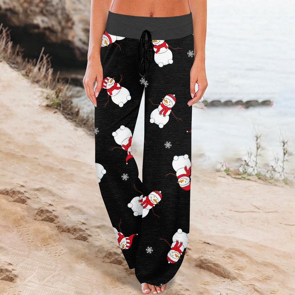 Women's Comfy Pajama Pants Pocket Christmas Print Drawstring Wide Leg Pants