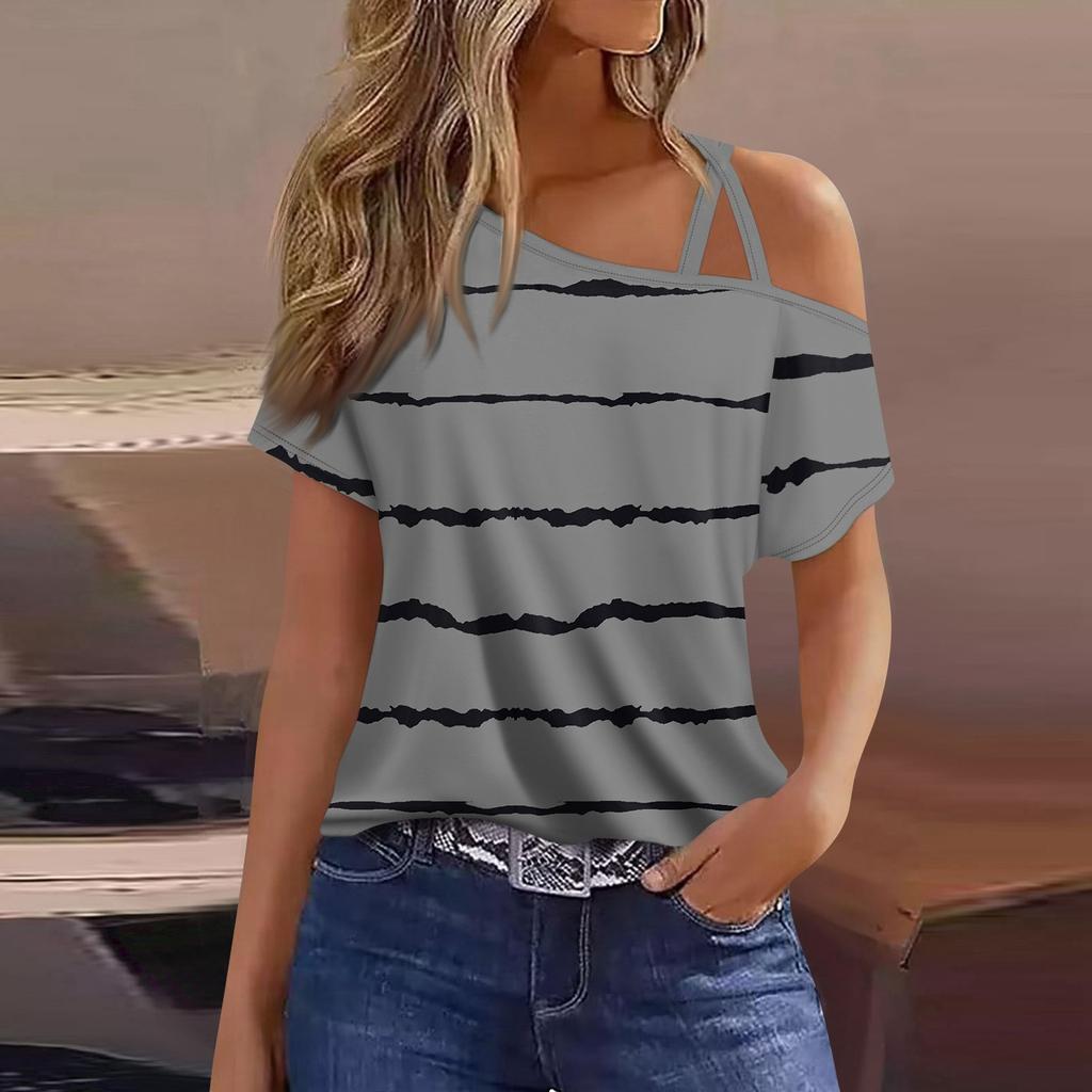 Women's Fashion Casual Print Sexy Cold Shoulder Short Sleeve T-shirt Top