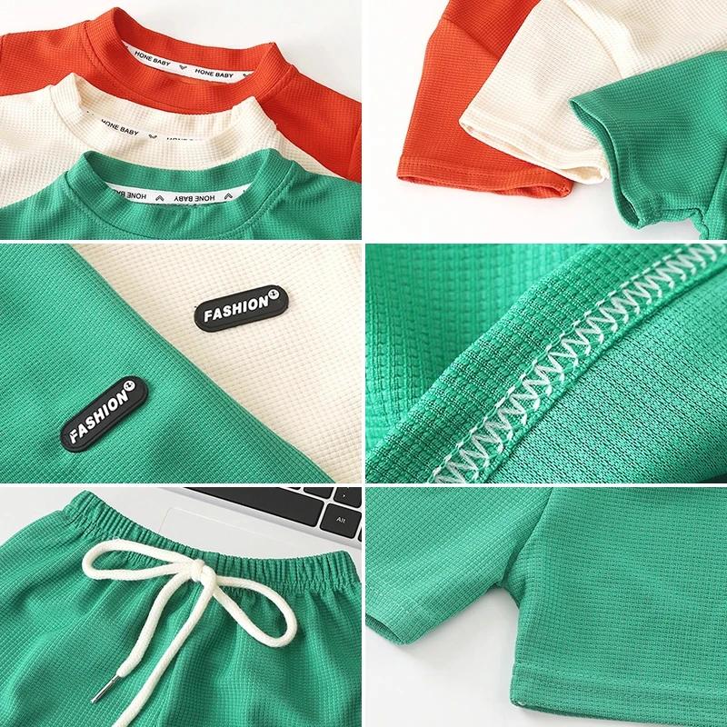 Повседневные детские шорты с коротким рукавом, летняя детская одежда, футболки и штаны для мальчиков и девочек, однотонные спортивные костюмы для детей 1-8 лет
