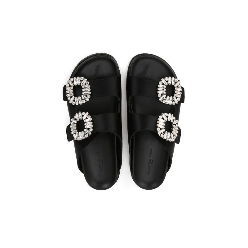 Second Hair! Su Yinyin's Same Shoes Square Buckle Rhinestone Leather Double Belt Casual Platform Slippers Women's Sandals Outside