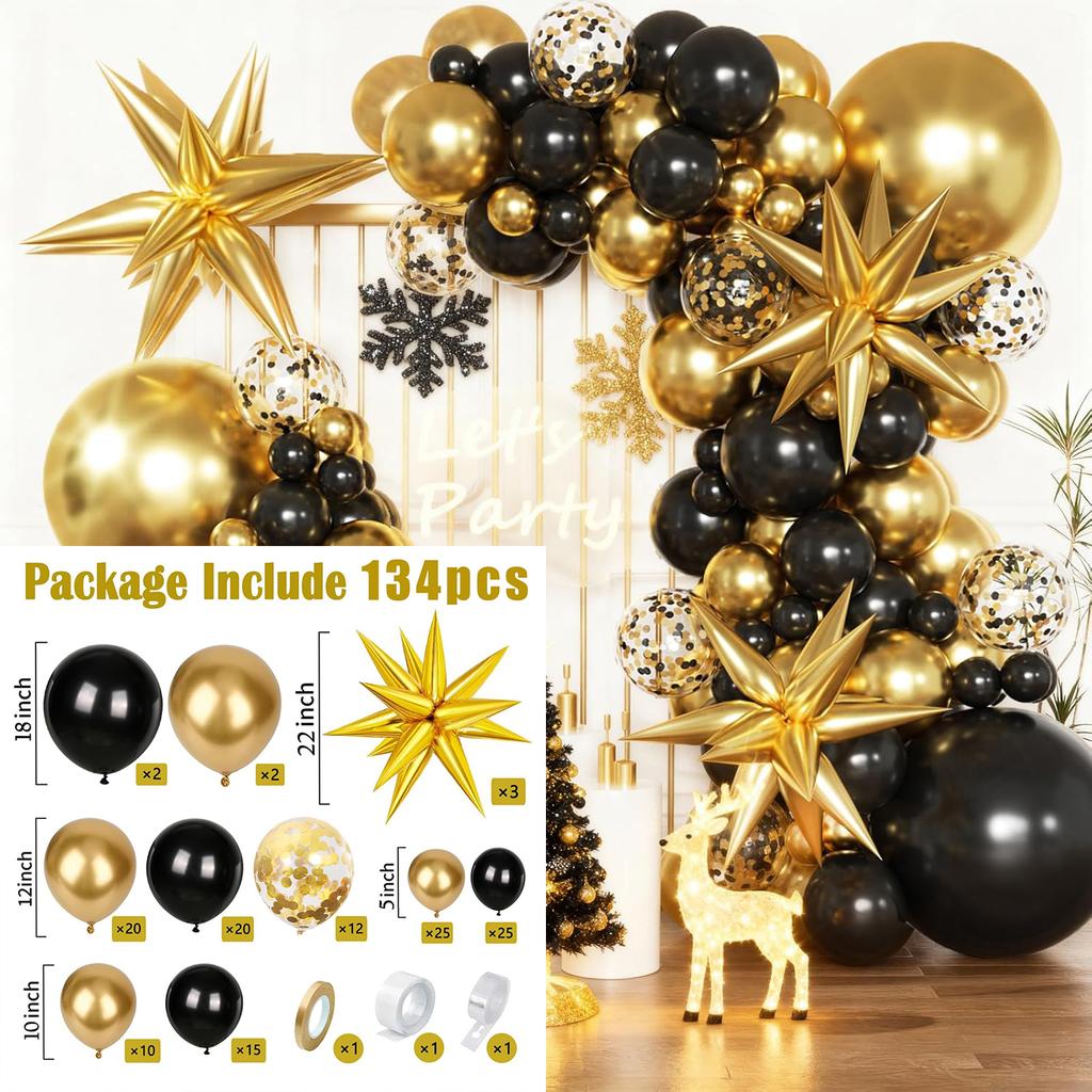 134pcs black and gold with gold confetti balloon garland arch set, suitable for birthday, Christmas, and New Year decorations