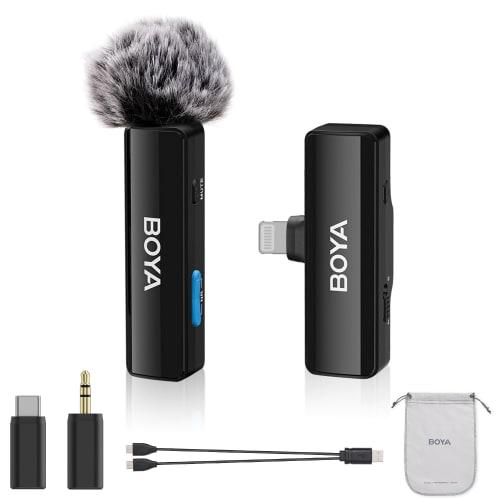 BOYALINK A1 Wireless Microphone, Compact and Lightweight, with USB-C/Lightning/3.5mm Adapters, Noise Cancelling, External Microphone, Instant Connecti