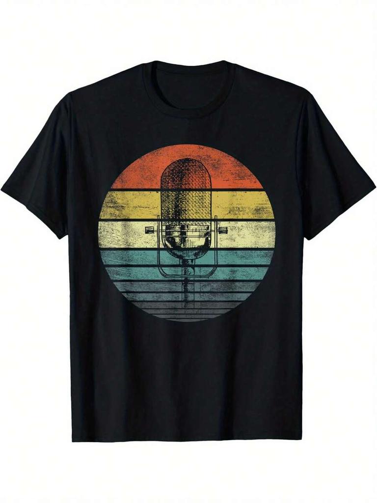 Unisex's Retro Microphone Graphic T-Shirt - Vintage Music Design With Colorful Stripes