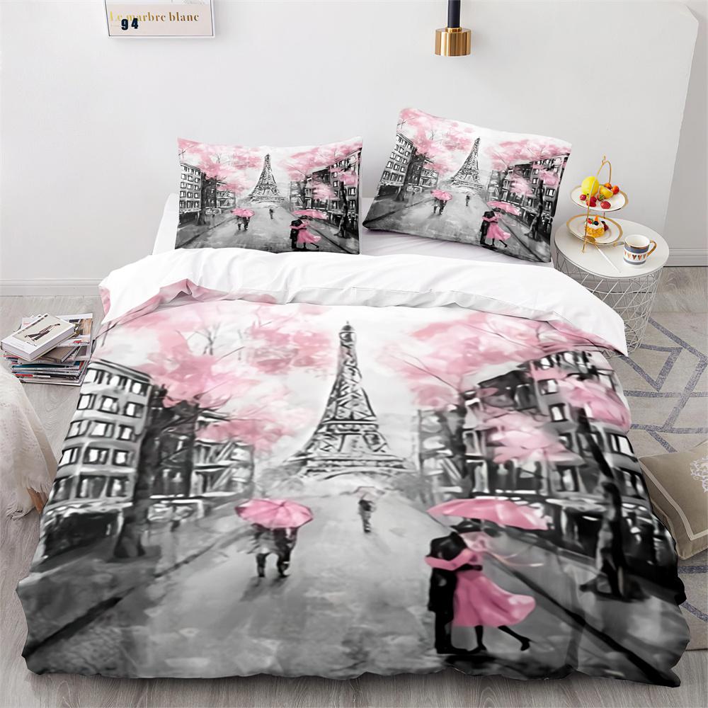 Paris Eiffel Tower Themed Duvet Cover Set City Landscape Sky Cloud Comforter Cover Home Decor Romantic Bedspread Cover King Size