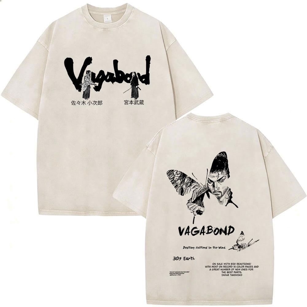 Vintage Washed Anime Vagabond Miyamoto Musashi Manga Tshirts Men Women Clothing Casual Cotton Short Sleeve Oversized T Shirts