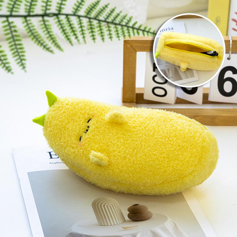 Plush Cartoon Vegetable & Fruit Pencil Cases: Broccoli, Garlic, Eggplant, Banana Design.