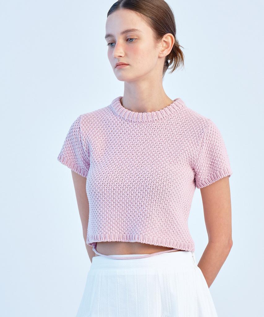 SO IR String Crop Knit Top - Pink