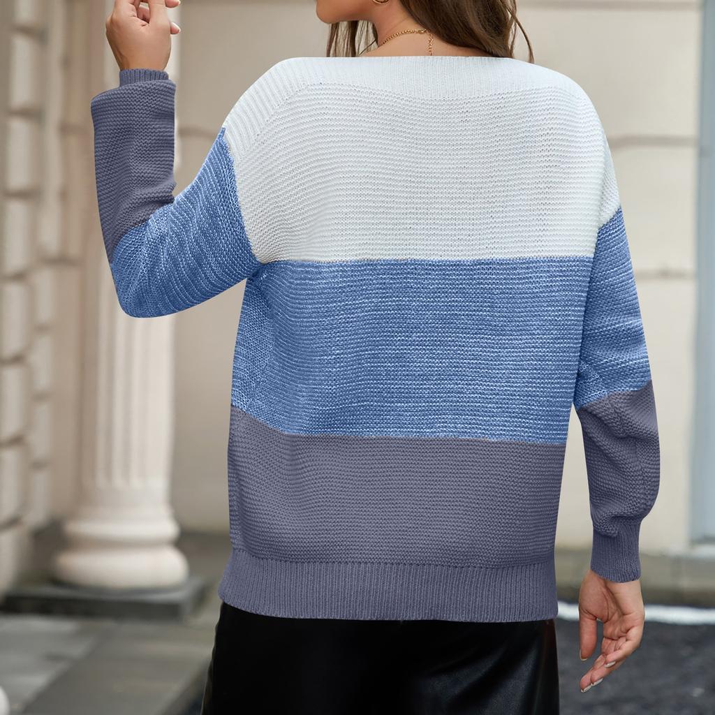 Женский пуловер, легкий вязаный свитер с круглым вырезом и длинным рукавом, цветной блок, с заниженной линией плеч