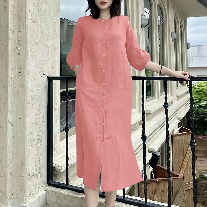 ZANZEA Women Casual Round Neck Solid Color 3/4 Sleeve Loose Dress