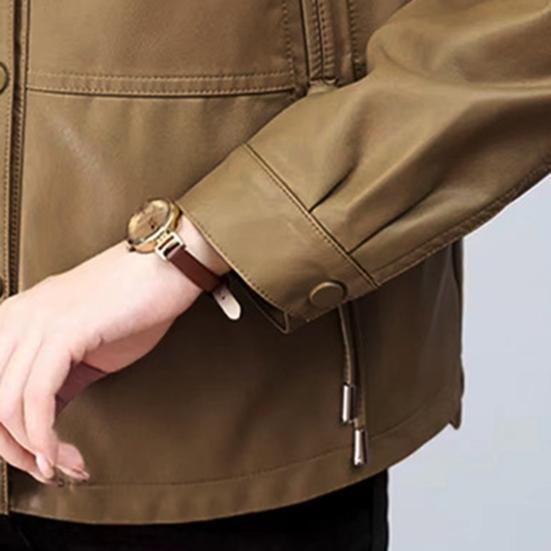 Women Jacket Faux Leather Smooth Surface Turn-down Collar Single-breasted Pockets Long Sleeves Retro Motorcycle Coat Plus Size Travel Outerwear