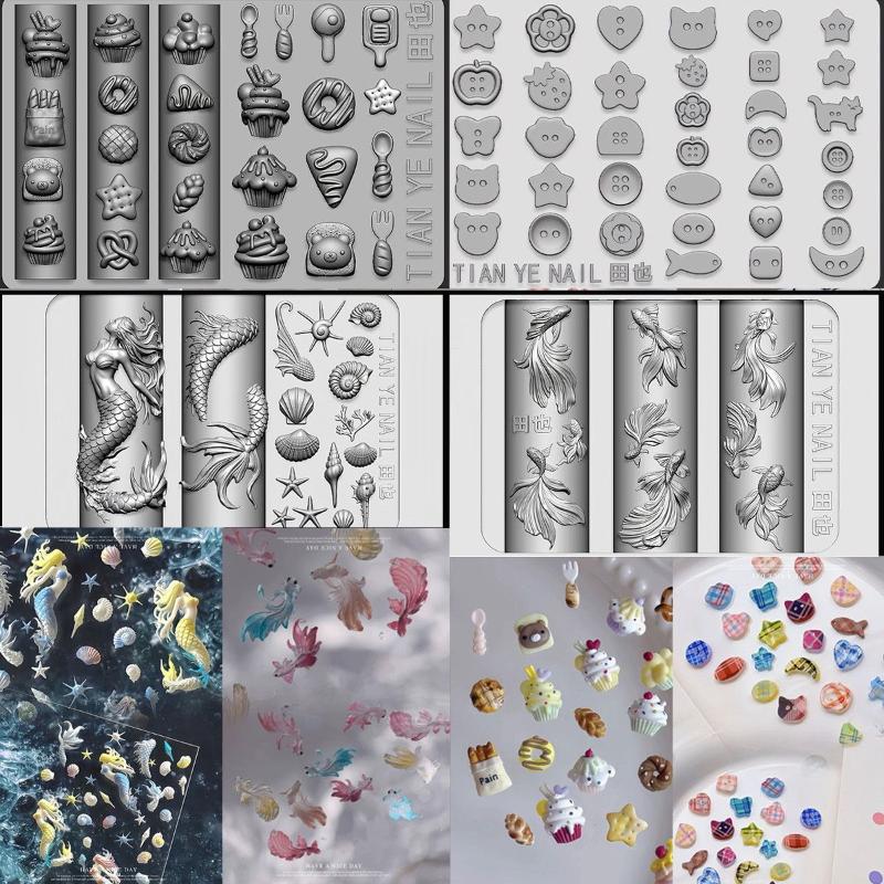 3D Soft Silicone Nail Ocean Mermaid Templates Nail Art Mold Goldfish Koi Buttonscarves Cartoon Template For Nail Diy Accessories