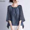 Women Casual Mesh Splice 3/4 Sleeve Loose O-neck Blouse