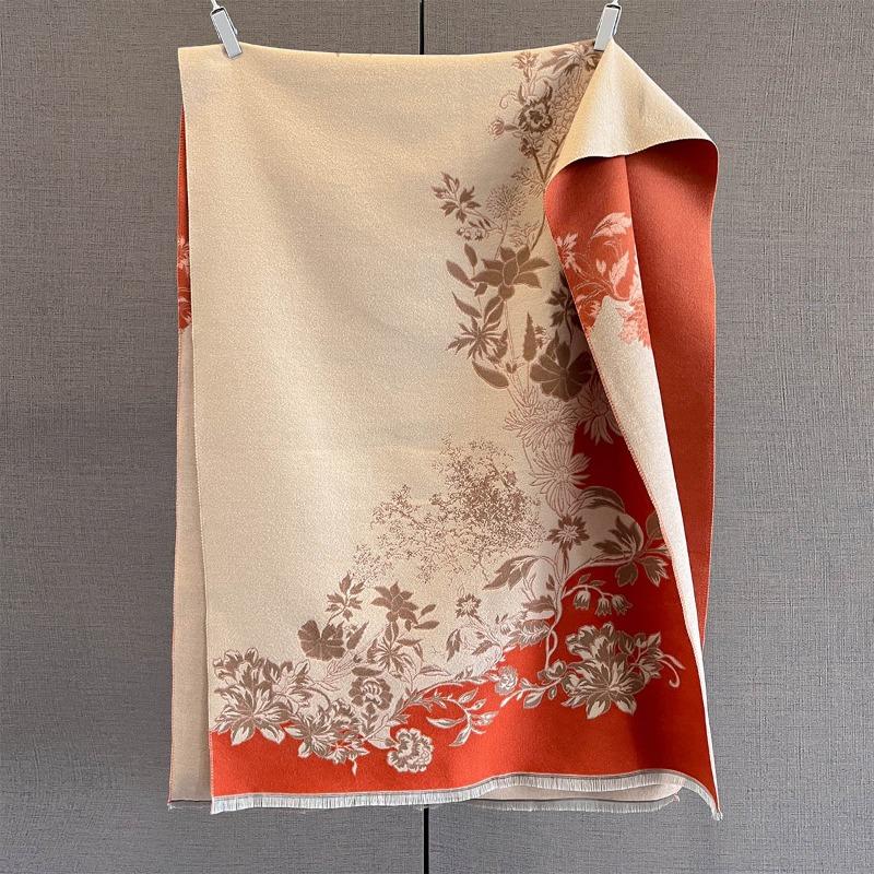 New Splicing Contrasting Plant Flower Jacquard Scarf Women's Autumn and Winter Imitation Cashmere Warm Neck Scarf Shawl