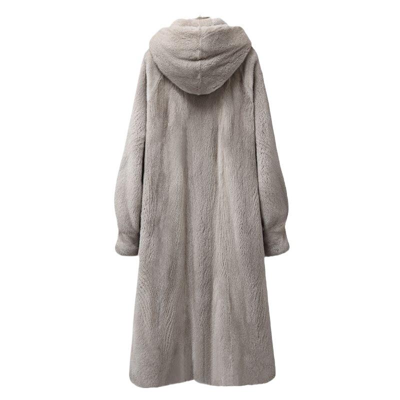 Europe, America, autumn and winter new imitation mink velvet coat loose hooded knee extended fur coat women's large size