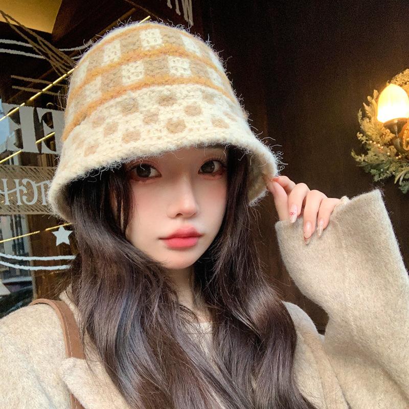 Новые осенне-зимние шляпы для женщин Модные клетчатые вязаные шерстяные шляпы Зимой теплые, закрывающие лицо, шляпа-ведро, шляпа-сумка, трендовые