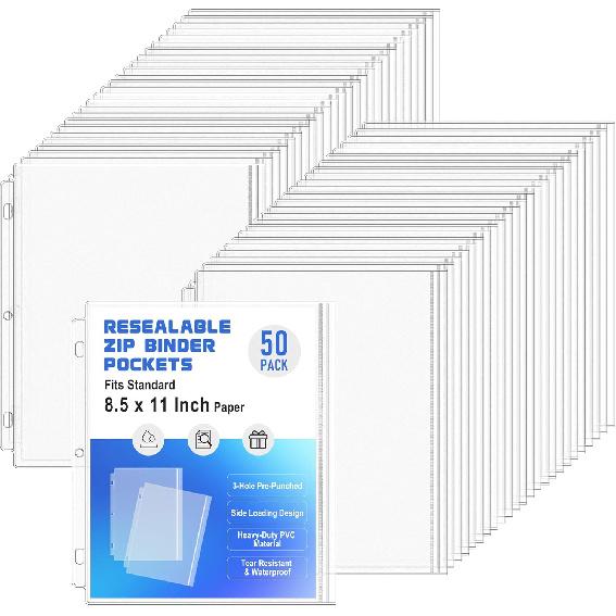 Antner 10 Pack Letter Size Binder Pockets 3 Ring Binder Zipper Pouch, 3-Hole Waterproof Resealable Zip Loose Leaf ert Bags PVC Document Organizer