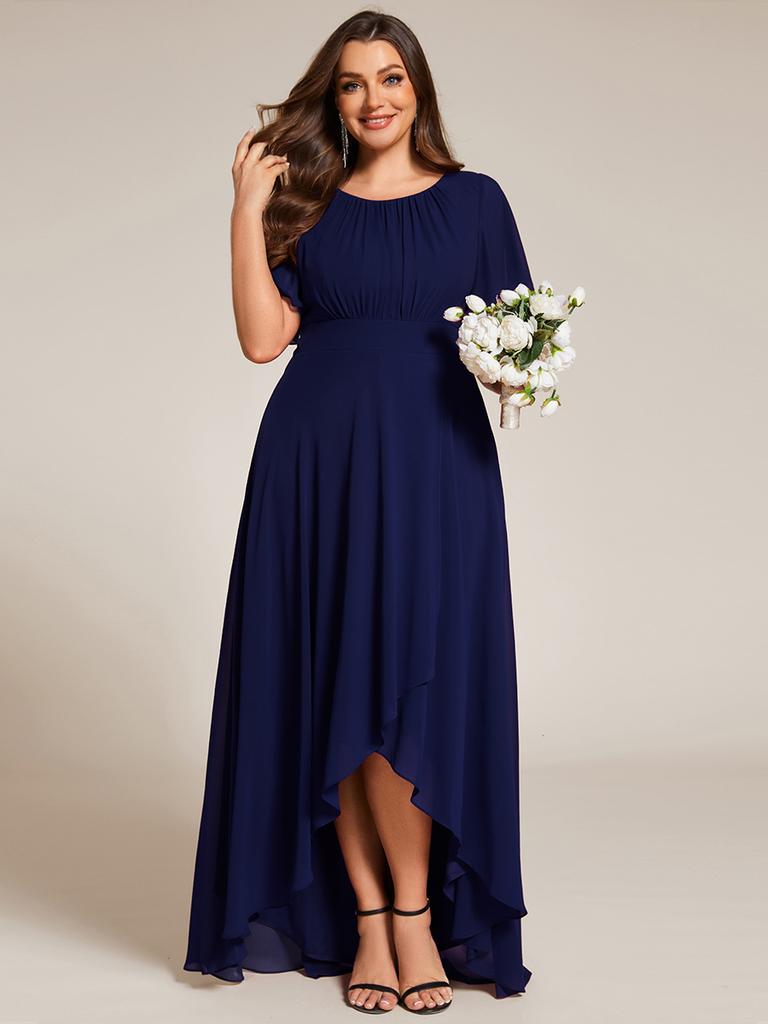 Ever-Pretty Women's Elegant Round Neck Ruffles Sleeve Chiffon Plus Size Evening Dresses with Asymmetrical Hem