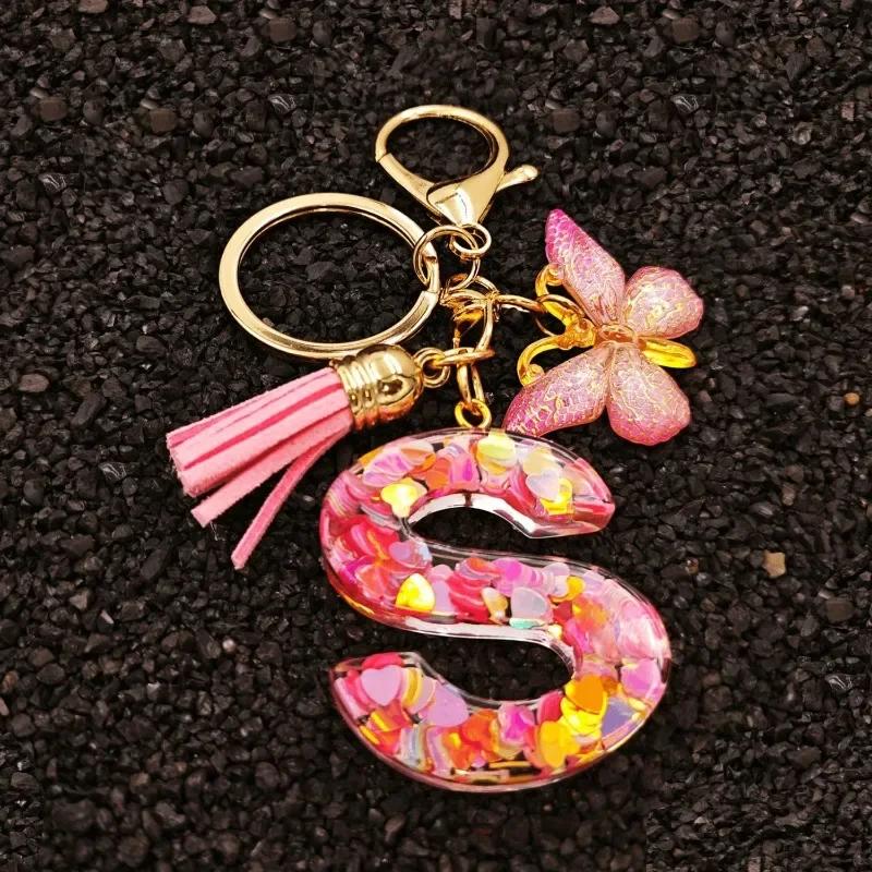 A-Z Dreamy Letters Keychain for Women Tassels Butterfly Pendant Initial Keyrings Purse Suspension Bags Car Key Chain Pink