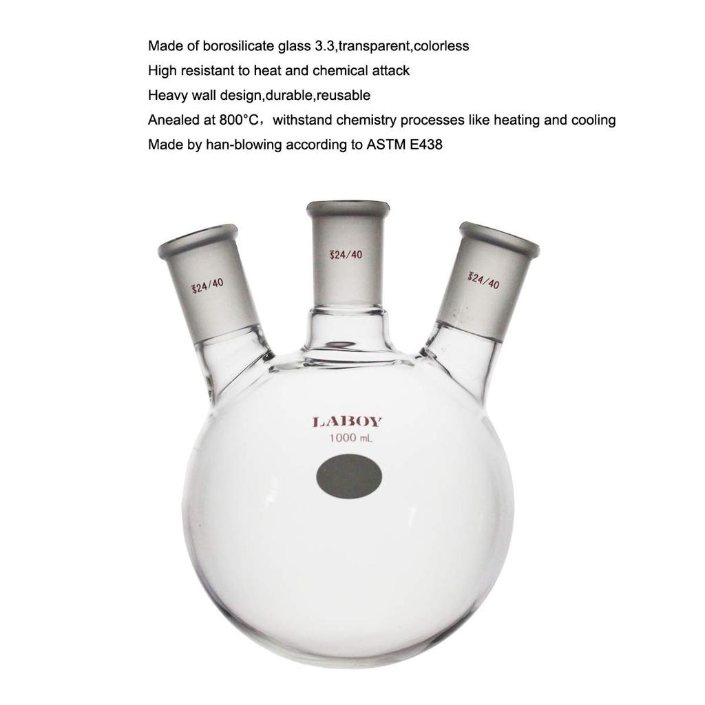 Laboy Glass 1000mL 3 Neck Round Bottom Boiling Flask with 24/40 Center & Side Joints Angled Distilling Receiving Reflux Flask Multi Neck Distillation