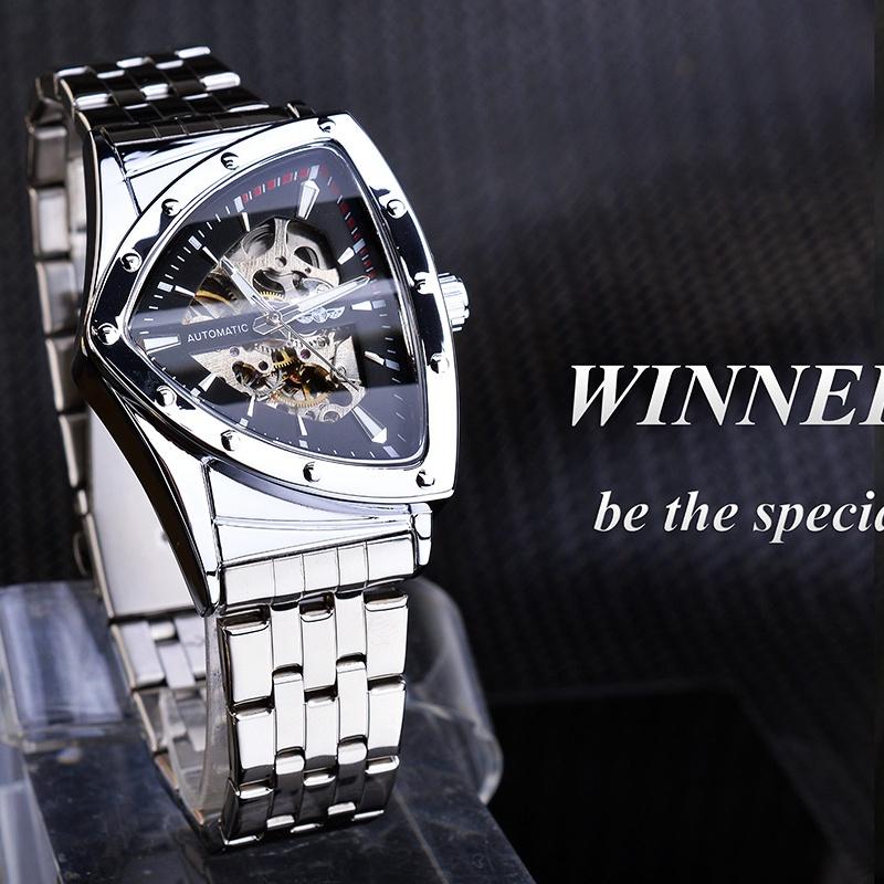 Автоматические механические часы с треугольным корпусом и скелетонированным дизайном, ремень из нержавеющей стали, модные мужские светящиеся наручные часы