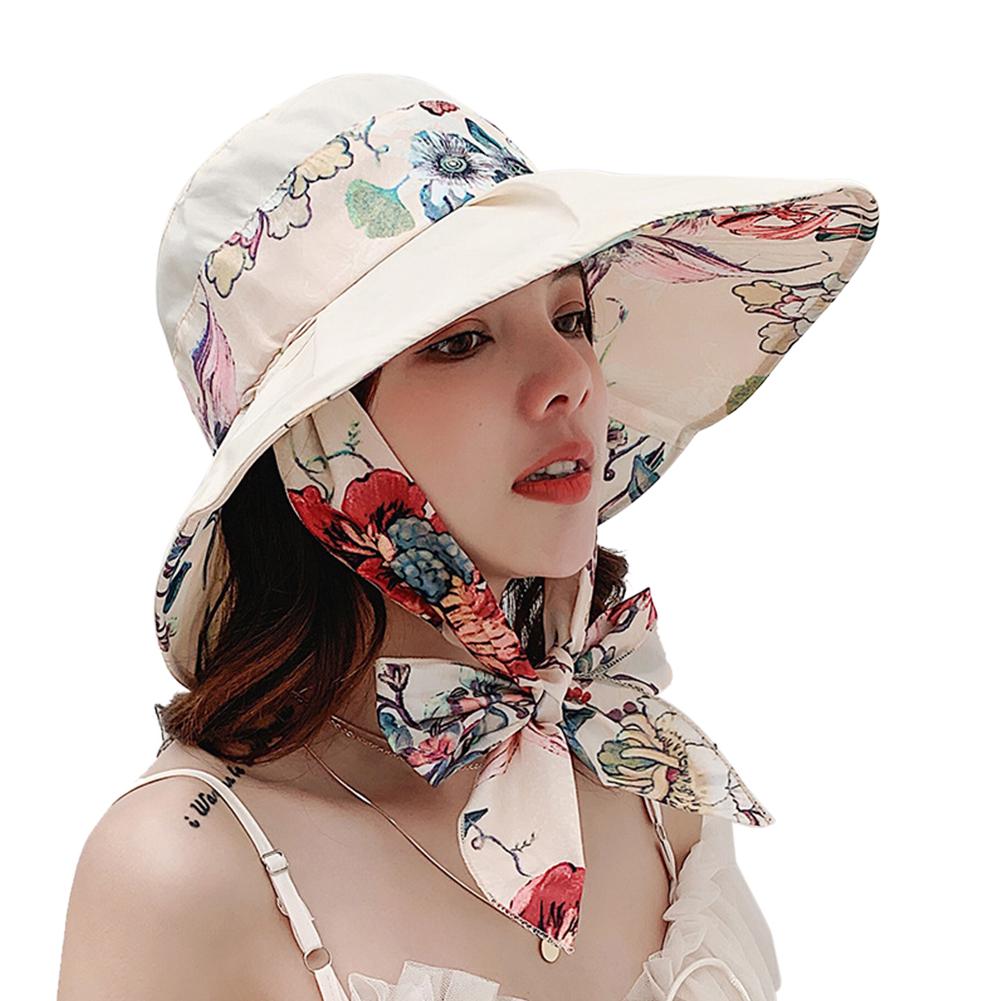 Female Summer Sun Hat Wide Brim Printing Bowknot Ribbon Foldable Soft Cap