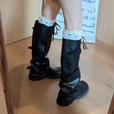 Черные Брюки Ботинки Женские Винтажные Жареные Уличные Spice Girl Квадратный Носок Узкий Ремень с Пряжкой Толстый Каблук Складки