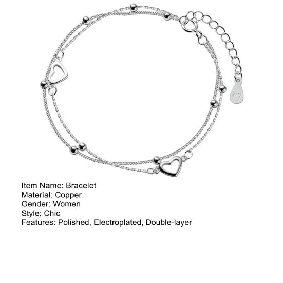 Женский браслет серебряного цвета, полированный, гальванизированный, двухслойный, медный, полое сердце, подвеска, наручные украшения