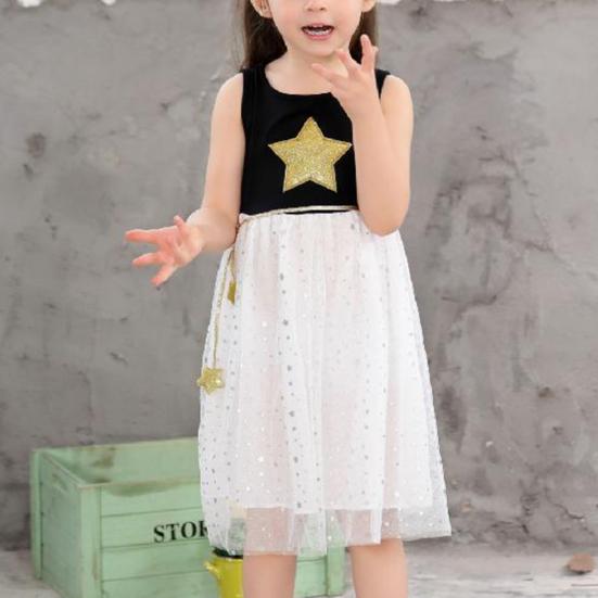 Платье без рукавов с золотым принтом звезд, мягкий пуловер для девочек, сетчатое платье для отпуска