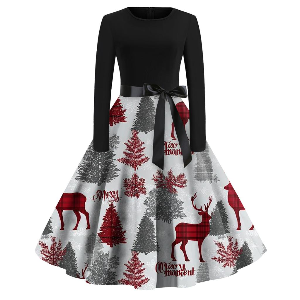 Женское модное повседневное платье с круглым вырезом, рождественским принтом и длинными рукавами