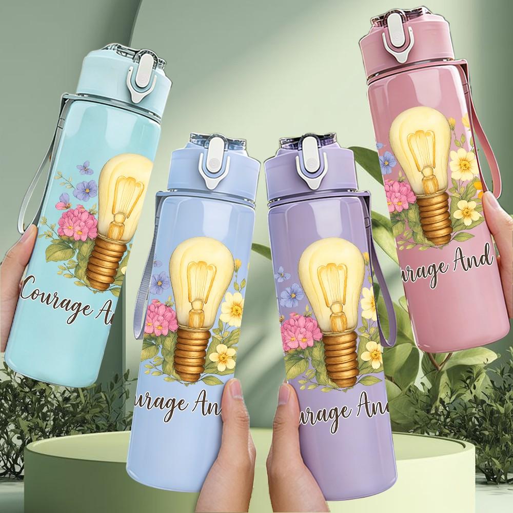 1PC Flower Light Bulb Quote Art 750ml Color Plastic Sports Water Bottle Leakproof Flip Straw Lid Suitable for Sports Office Home Use