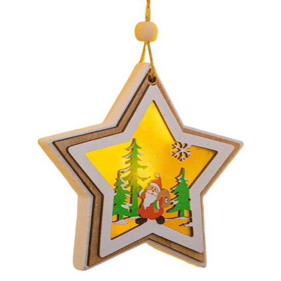 Wooden Christmas Decor with LED Light 3D Carved Hanging Wood Star/Village House/Bell/Gift Box Ornament for Xmas Tree Decor