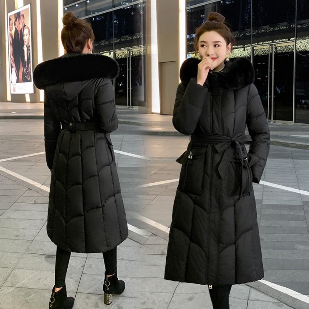 Женская длинная хлопковая одежда выше колена однотонного цвета, новая осенне-зимняя корейская версия, приталенная, модная, с большим меховым воротником, хлопковая одежда