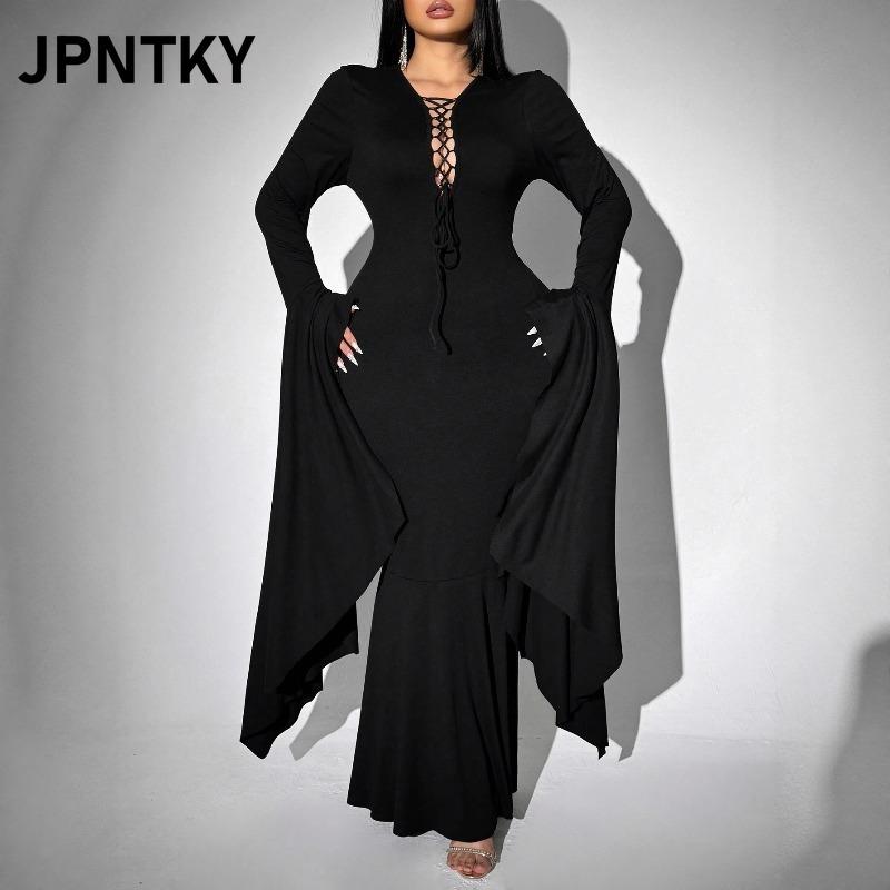 JPNTKY Модные Летние Весенние Однотонные Платья с Принтом, Длинным Рукавом и V-образным Вырезом, Повседневные