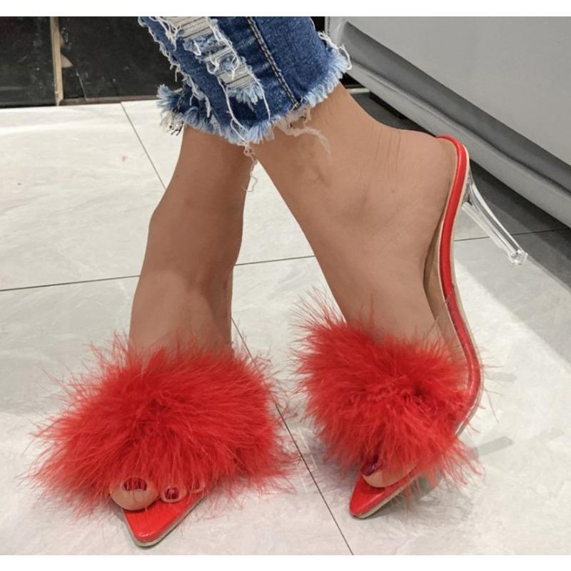 Fashion New Style Popular Transparent Feather High Heels Fur Slippers Woman Peep Toe Mules Lady Pumps Slides White Shoes Zapatos Mujer