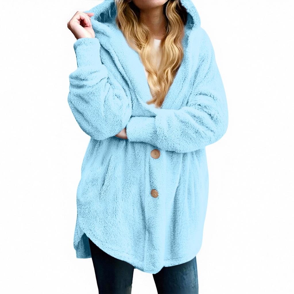 Женская модная однотонная свободная повседневная плюшевая куртка с карманами на пуговицах и капюшоном