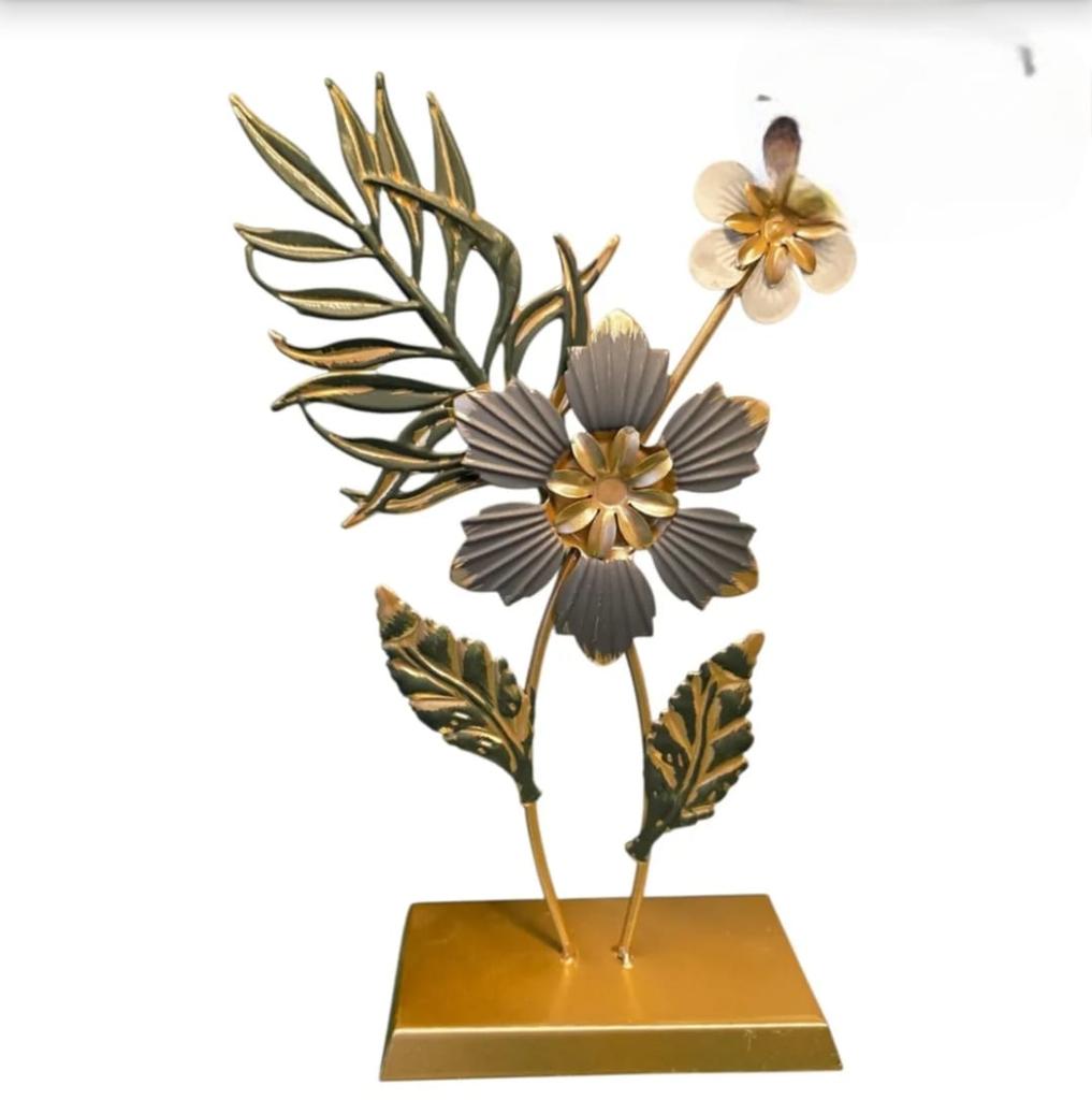 Metal Floral Table Decor Gold & Grey Flower Sculpture Modern Flower Centerpiece Elegant Home Decor Accent Desk Shelf, Living Room Decoration