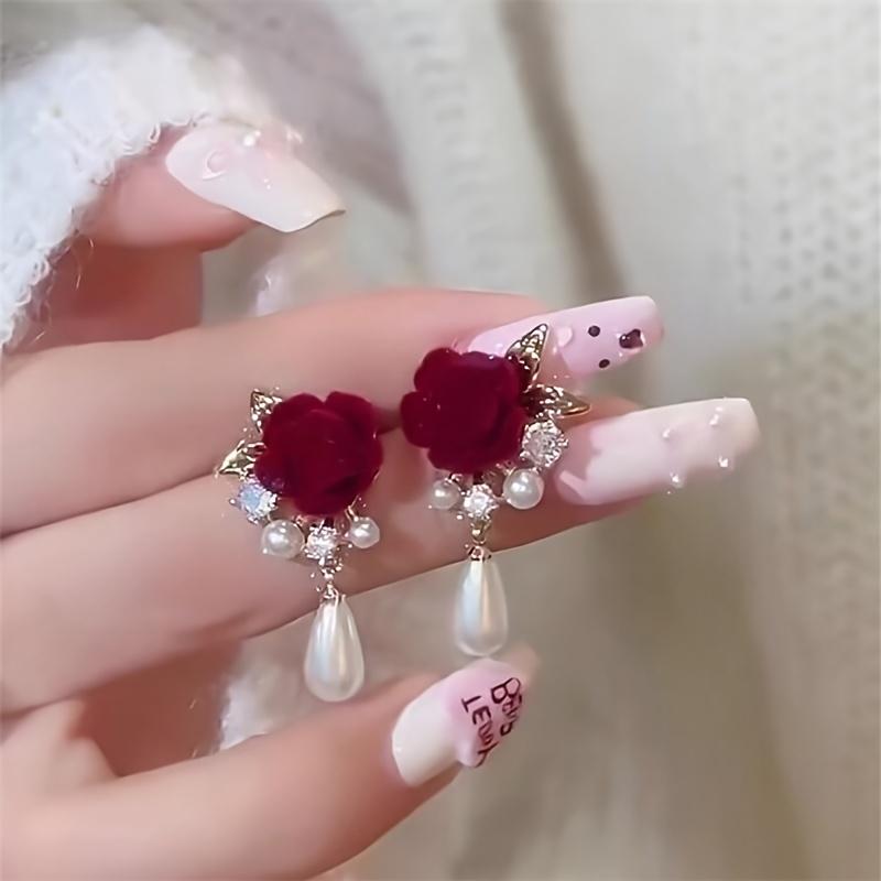 Серьги-подвески с бордовой розой и искусственным жемчугом, Винтажные свадебные украшения для вечеринок/бала/повседневной носки, Элегантный готический аксессуар-подвеска