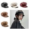 British Korean Leather Painter Hat Solid Color Black Octagonal hat JK Vintage PU Beret Cap  Casual