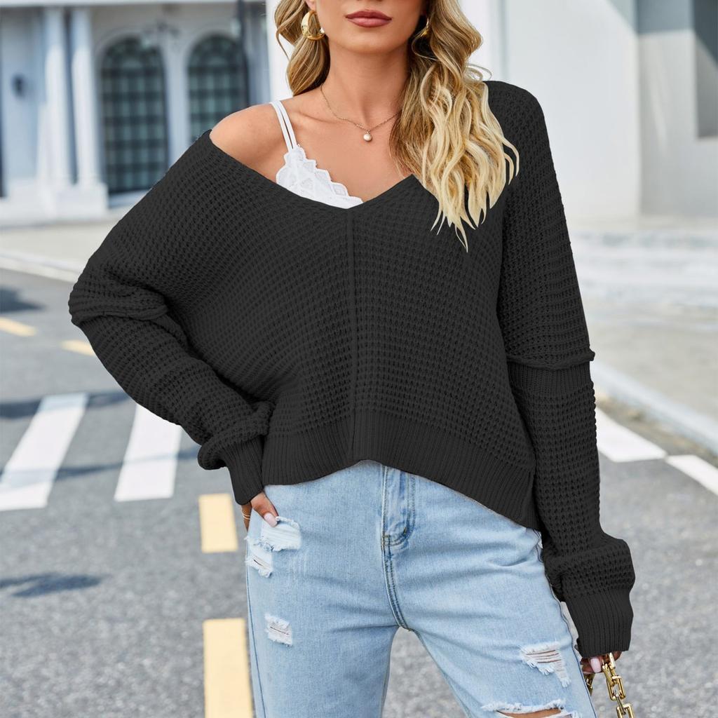 Women's Fashion V Neck Solid Color Off Shoulder Knitted Knitted Sweater Pullover Sweater Long Sleeved Top