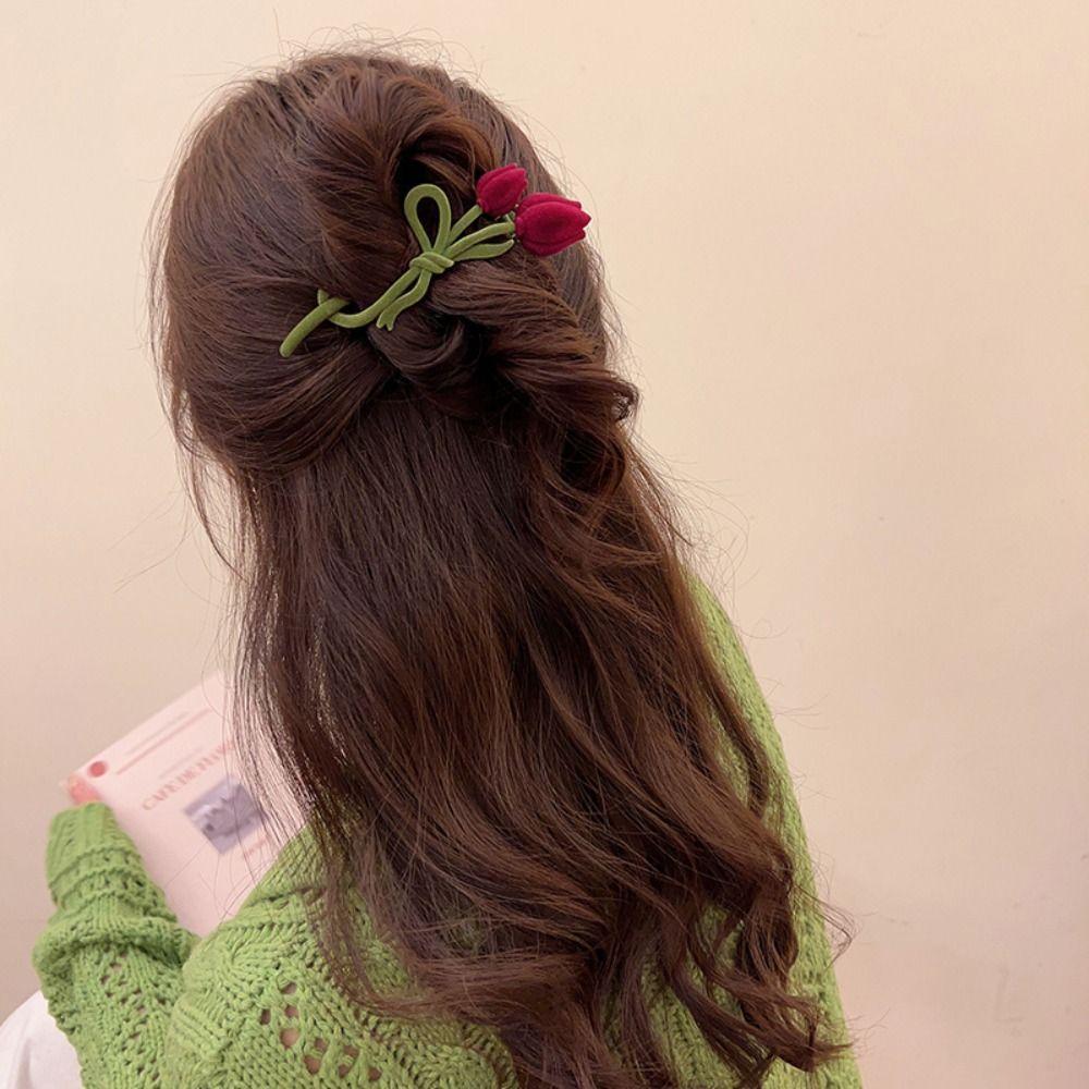 Clip Female Hair Accessories Red Velvet Hair Claw Korean Style Headwear Flocking Tulip Hair Clip