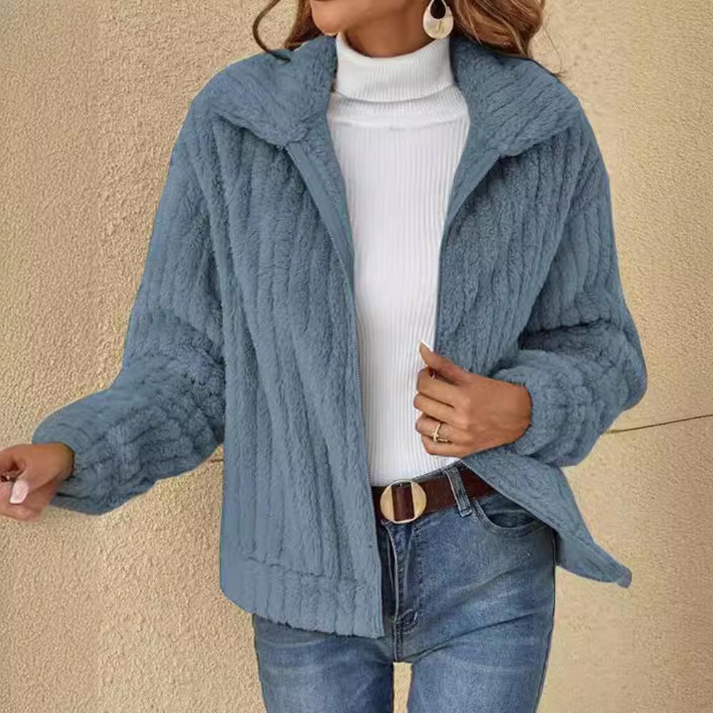 Women Fleece Basic Jacket Casual Female Turn Down Collar Teddy Pit Warm Zip Up Short Coats