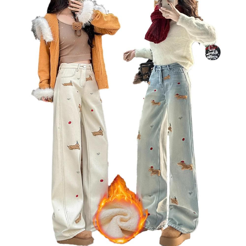 Модные женские джинсы с высокой талией и вышивкой из бархата с широкими штанинами для зимы 2025 года