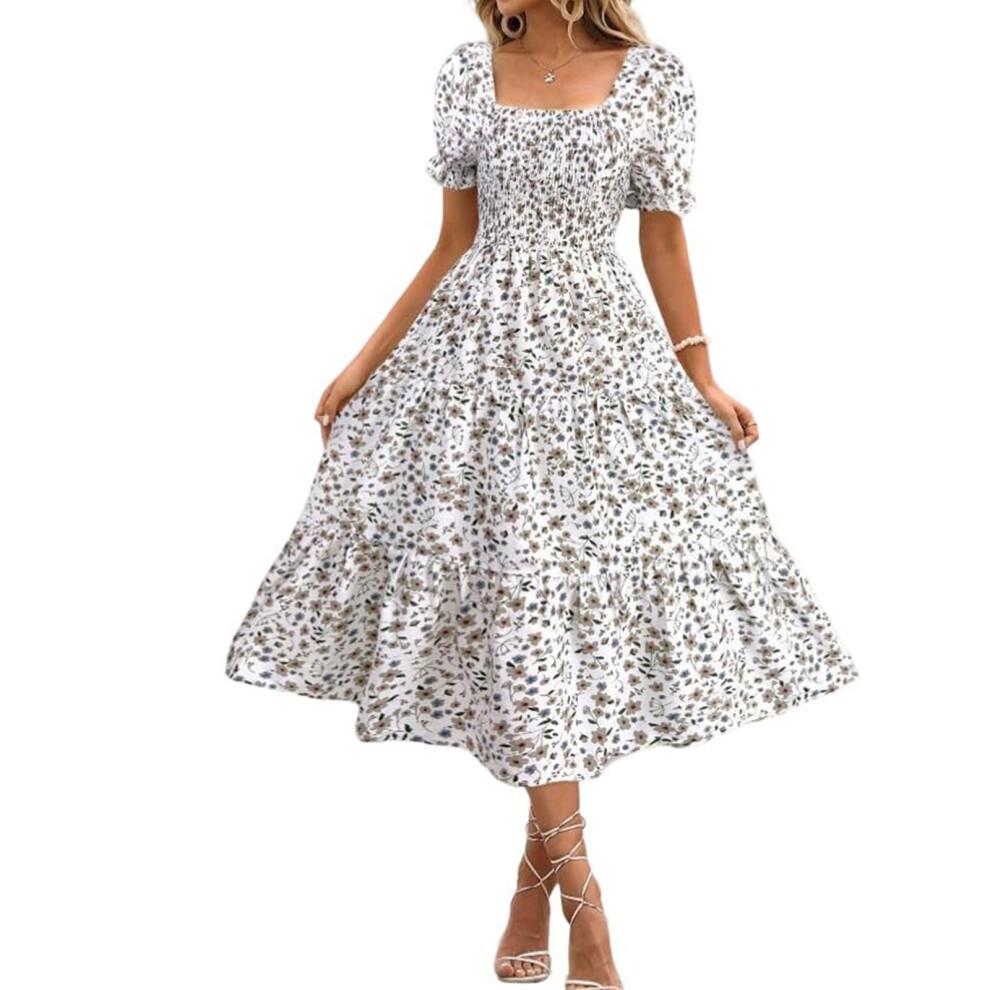 Women's Bohemian Square Neck Puff Sleeve Short Sleeve-White XL