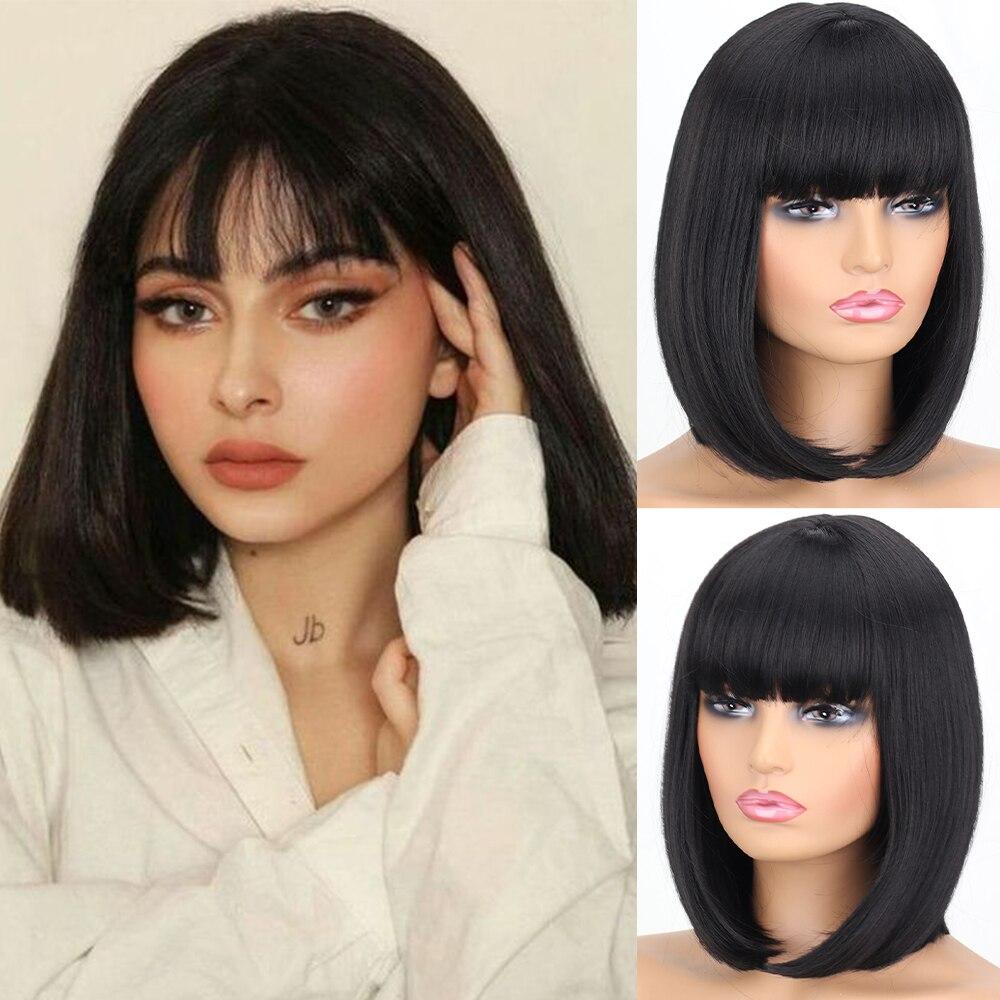 LISI HAIR Женский прямой парик боб длиной до плеч с челкой, синтетическое волокно, натуральный черный, повседневная одежда, парик Боб для косплея